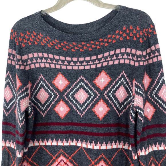 Talbots Nordic Fair Isle Lambswool Sweater Women L Wool Blend Gray Pink High-Low - Picture 4 of 15